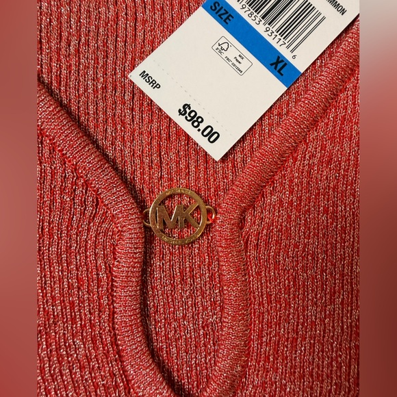 NWT Michael Kors Salmon Pink Ribbed V-Neck Embellished Top Casual 3/4 Sleeve XL - Picture 3 of 9